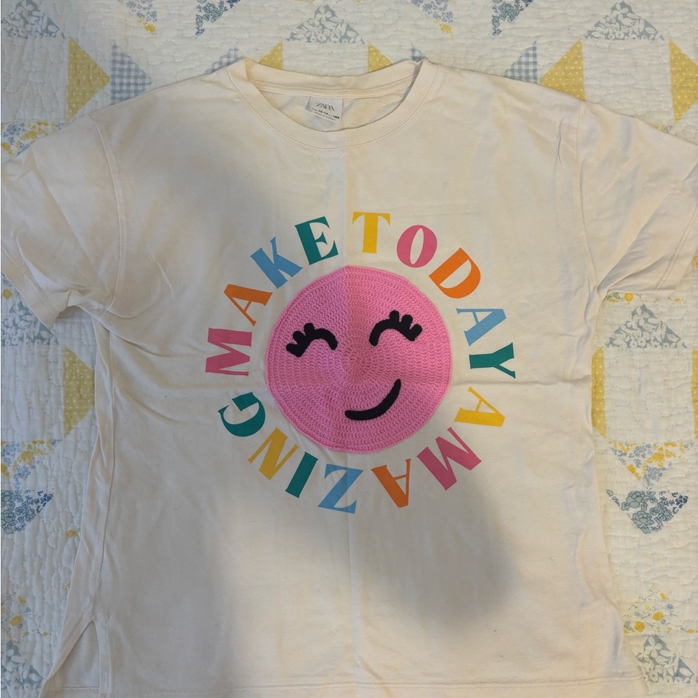 Zara White and Pink Short Sleeve Tee with Playful Design